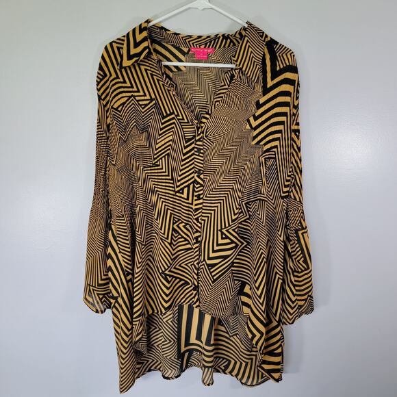 Sunny Leigh Artsy Groovy Blouse Womens Sz XL High-Low Pleated Bell Sleeves Light - Picture 1 of 9